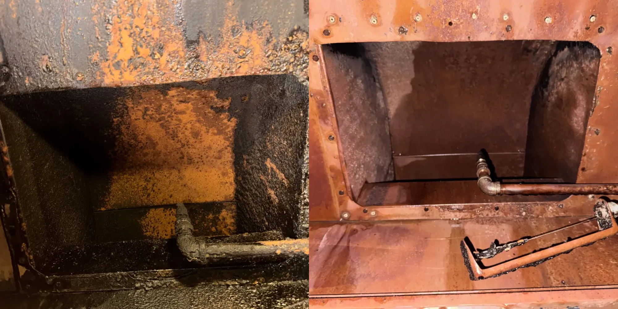 Before and after: ductwork interior cleaning, side-by-side comparison