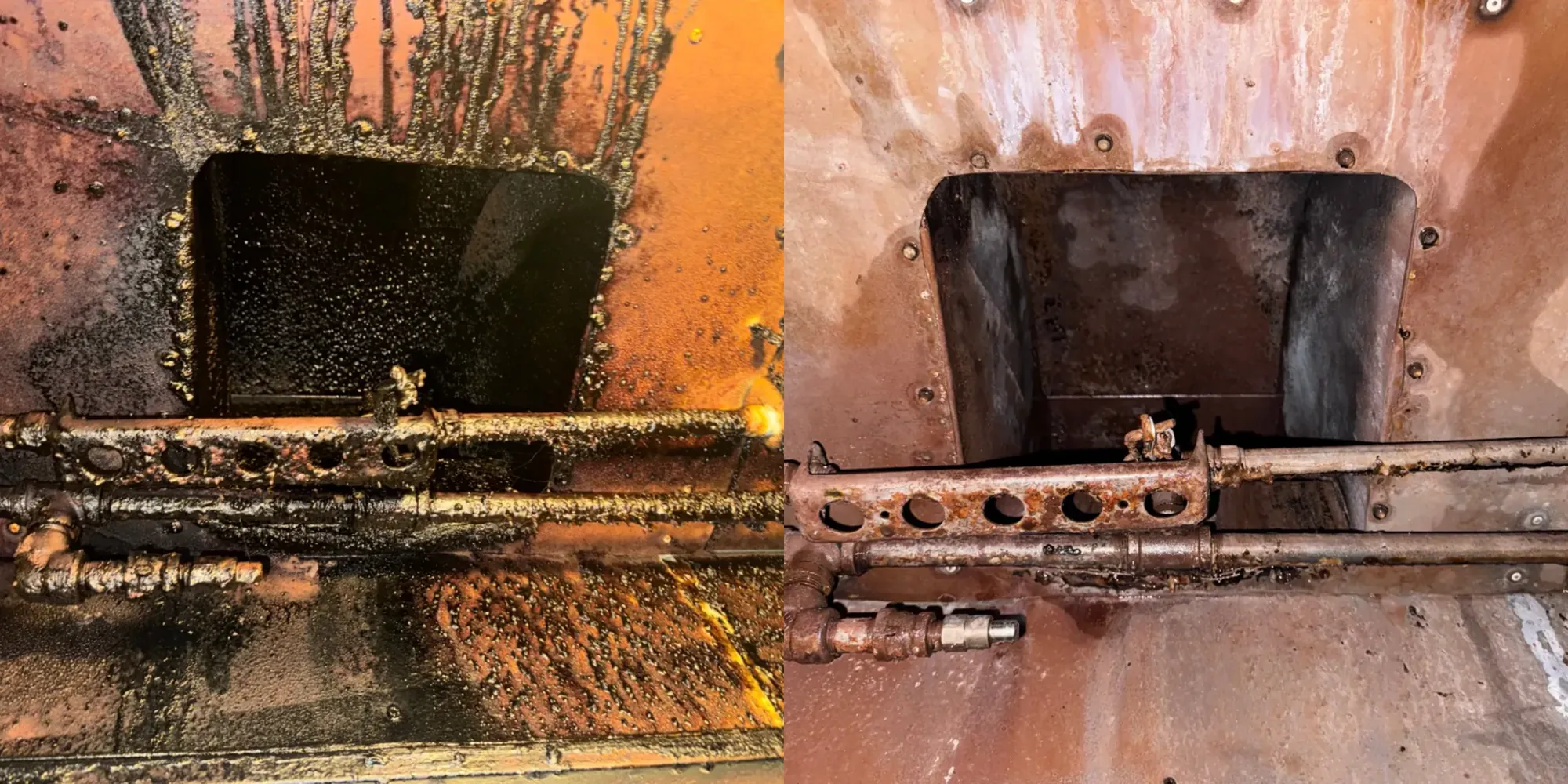 Before and after: charbroiler and duct interior cleaning, side-by-side comparison