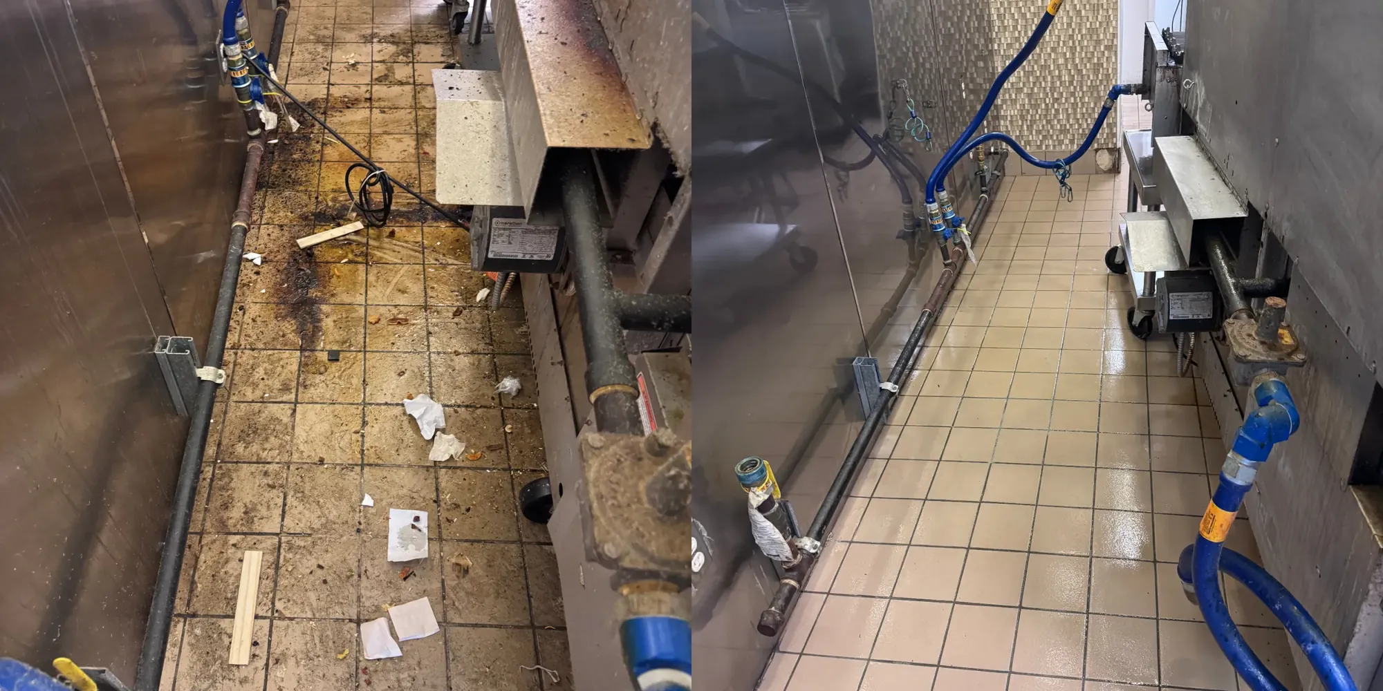 Before and after: kitchen floor and washdown area, side-by-side comparison