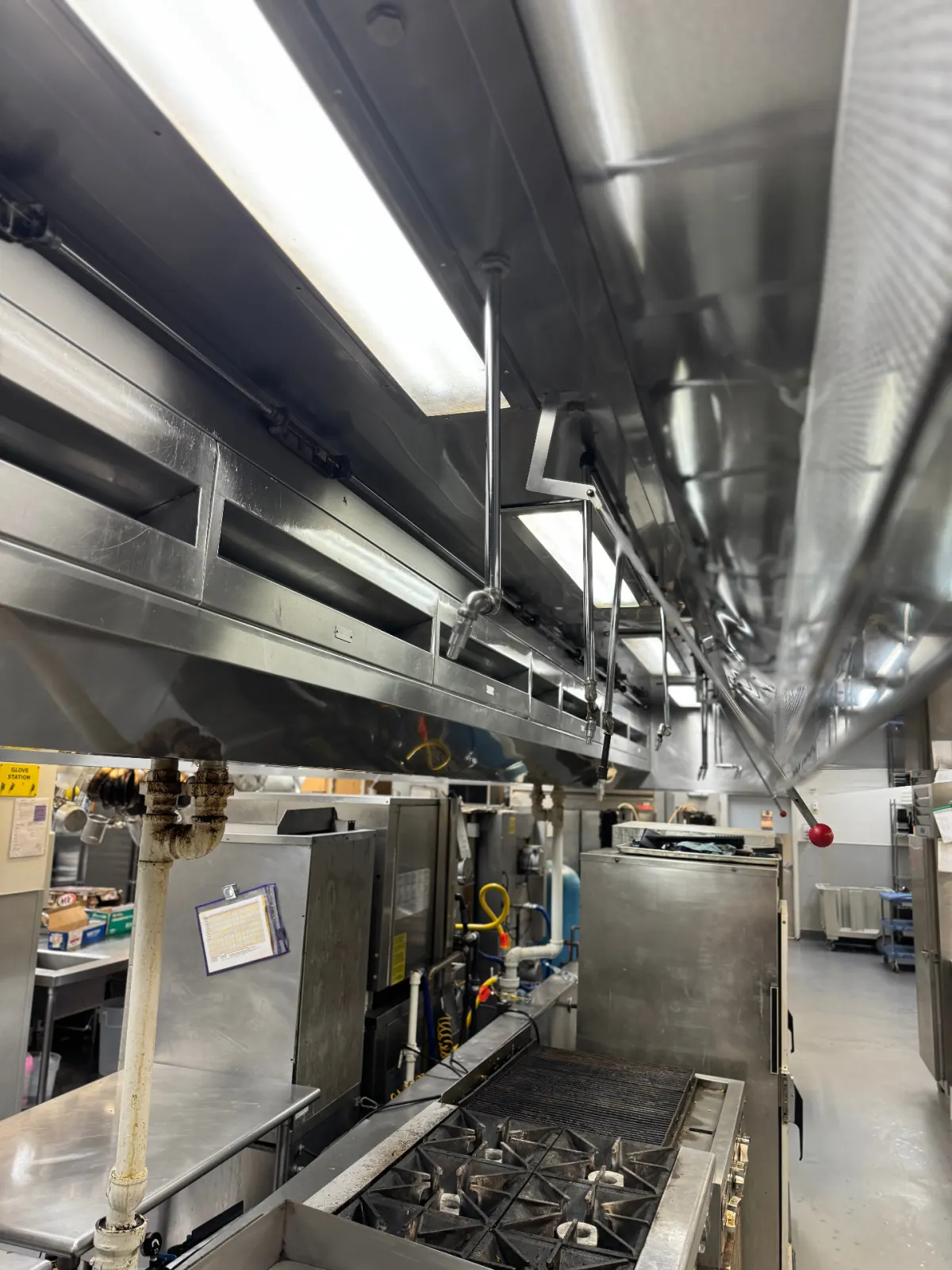 Freshly cleaned stainless steel hood line above commercial cook line