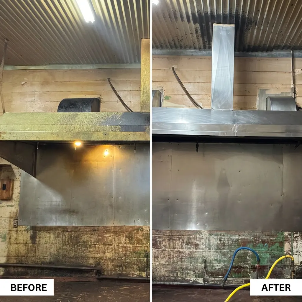 Commercial hood before and after cleaning, side-by-side comparison